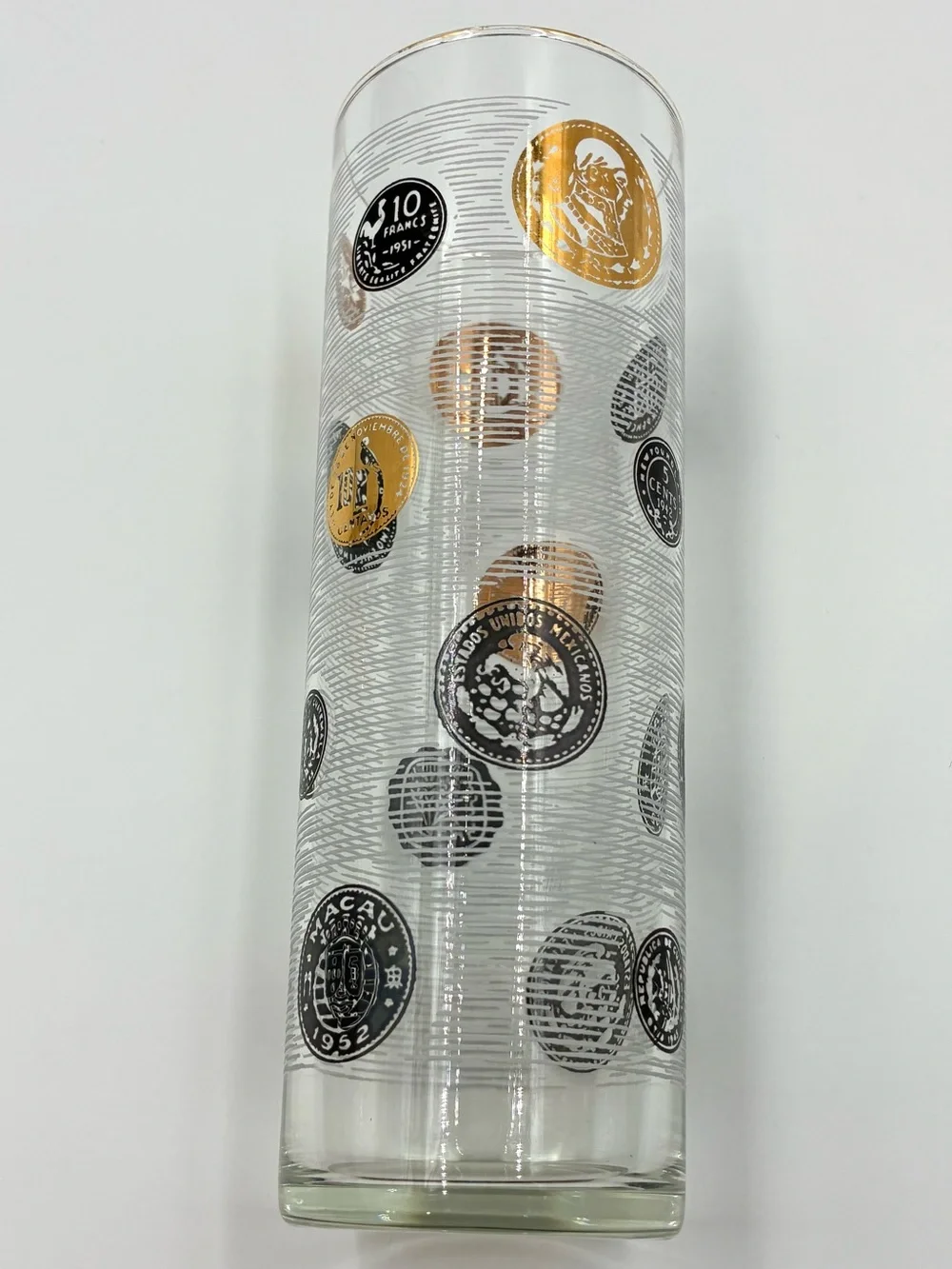 VTG Libbey Tom Collins Glasses Set of 6 International Coins Black Gold MCM 7